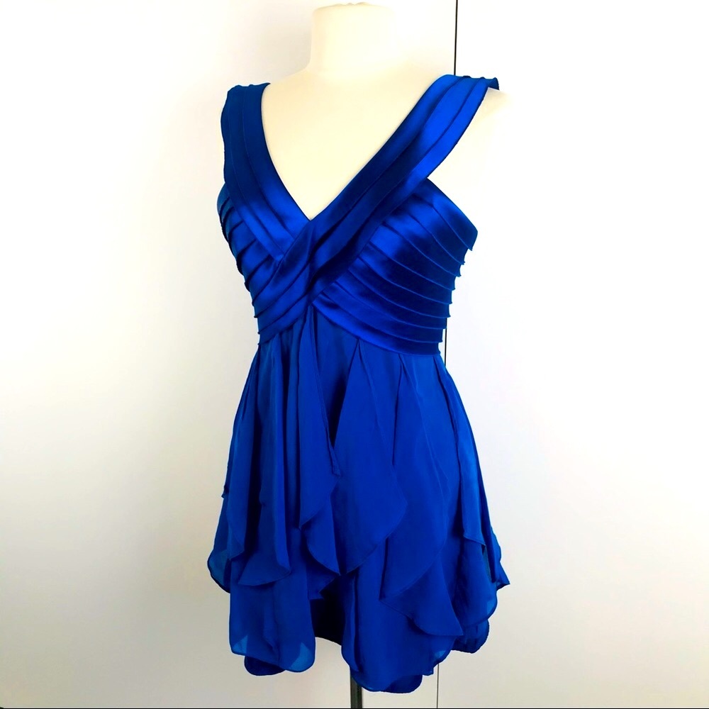 BCBGMaxAzria Royal Blue Pleated V-Neck Mini Dress